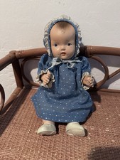 Baby Doll Blonde Hair Blue Eyes Light Complexion Blue Polka Dot Dress Bonnet