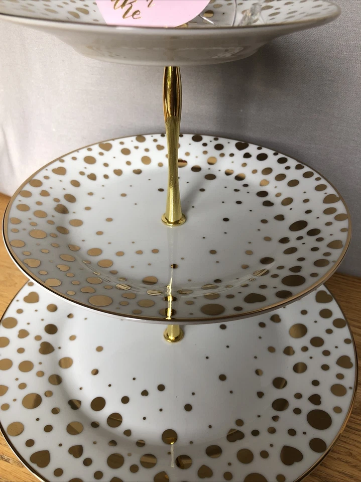 10 Strawberry Street Ceramic 3 Tiered Dessert Tower- White/Gold NWT - Hearts Dot - Image 3 of 4