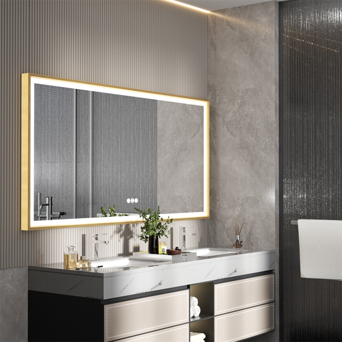 Large LED Bathroom Wall Mirror Gold Frame Demister Touch Control Anti-fog Mirror - Picture 4 of 22