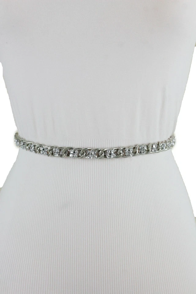 Mujeres Moda Cinturón Plata Malla Cuentas Bling Metal Cadena Eslabones Cintura Cadera M L XL Foto 3 de 4