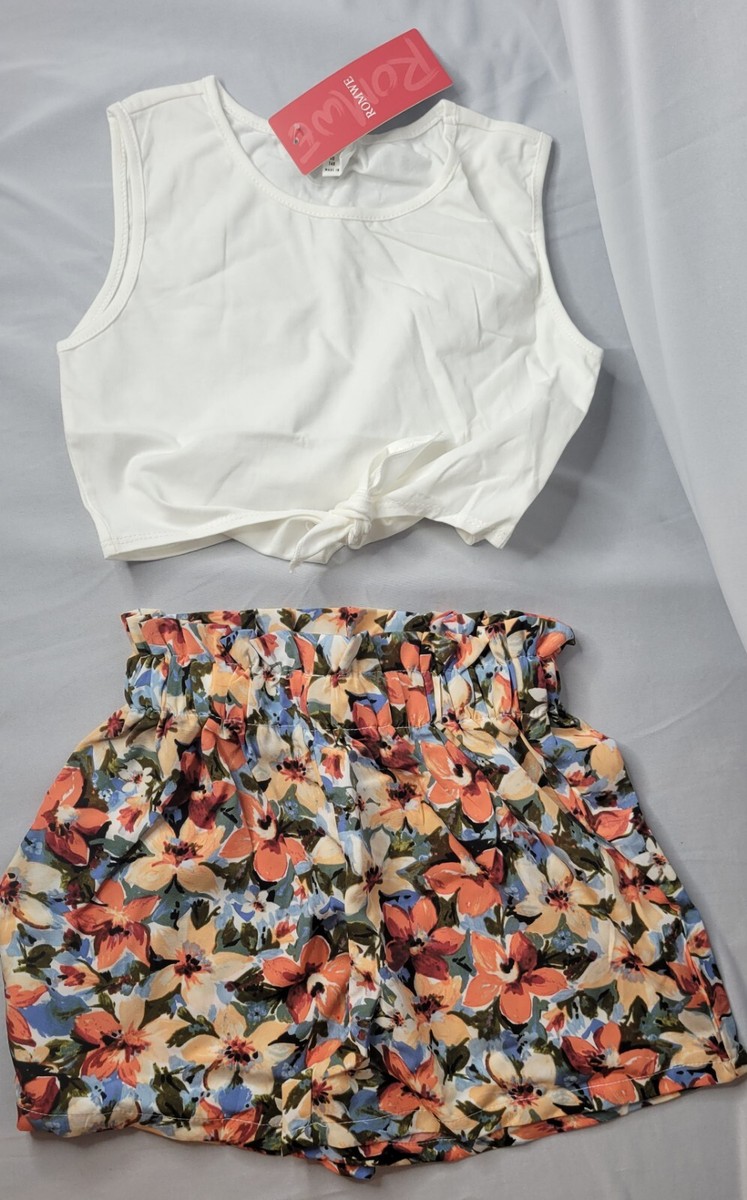 Romwe Girl's Piece Outfit Tie Knot Tank Tops and Floral Paperbag Waist  Shorts