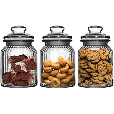 3er Set - Neu Verzierte Gerippte Glas Vorratsgläser (990ml) Tee Kaffee Zucker Keks
