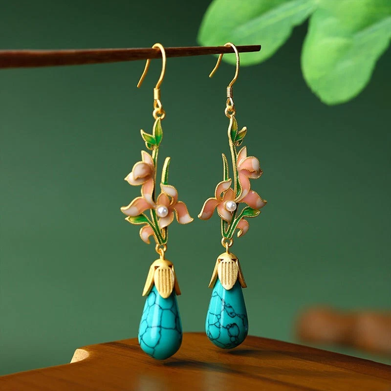 Bohemian Turquoise Gemstone Drop Earrings – Dainty Flowers 18K Gold Plated Hook - Image 3 of 4