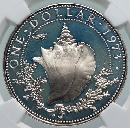 1973 BAHAMAS Elizabeth II CONCH Vintage OLD Proof Silver Dollar Coin NGC i85984
