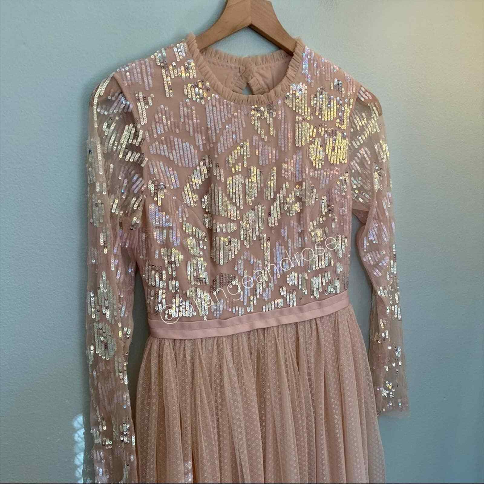 Needle & Thread Blush Pink Sequin Long Sleeve mesh Open Back Tulle Maxi Gown 6
