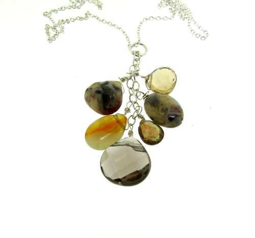 Crystal Agate Gemstone Dangle Tassel Necklace Silver 2.5*18
