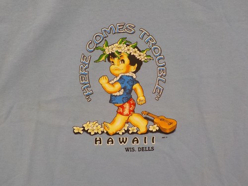 Wisconsin Dells T-Shirt Youth SZ L (14/16) Blue Here Comes Trouble Ukulele NWOT - Picture 2 of 13