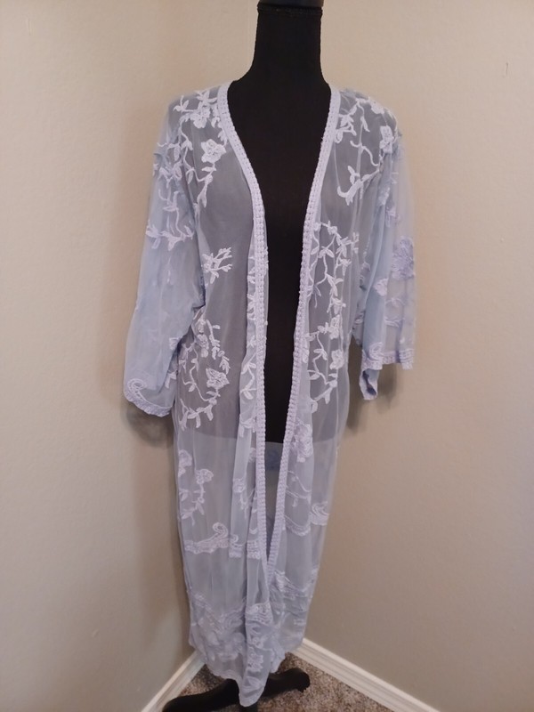 Keren Hart Duster, Cover Up Sheer Baby Blue With Embroidery - Small