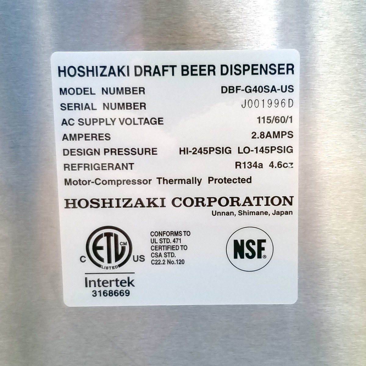 Hoshizaki Draft Beer Refrigerated Dispenser DBF-G40SA-US