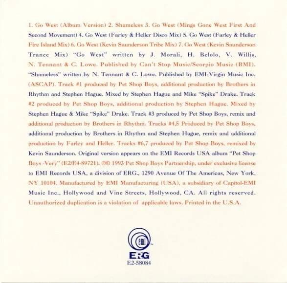 PET SHOP BOYS - Go West - 1993 EMI Pop CD - 7 Tracks - Image 2 of 3