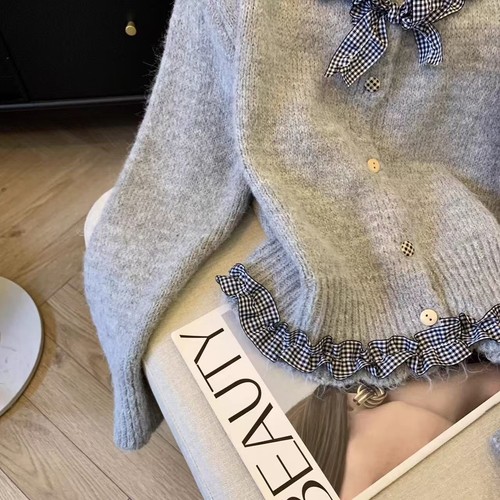 Wooden Ear Stitching Round Neck Knit Cardigan Womens Autumn New Bow Sweater - Picture 19 of 23