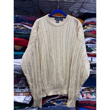 Nautica Mens Cable Knit Sweater Cream Yellow Cotton Crew Neck Pullover Large