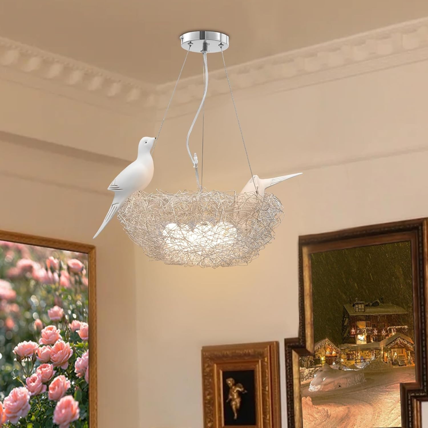 Aluminum Ceiling Chandelier Silver Birds Nest Egg