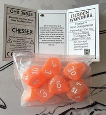 Chessex 38025 Hidden Wonders Frosted Neon Orange /white Polyhedral 7 Dice Set UC Chessex 38025 Hidden Wonders Frosted Neon Orange /white Polyhedral 7 Dice Set UC - Image 1
