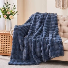 Soft Cozy Plush Faux Rabbit Fur Grey Throw Blanket, Decorative Boho Fluffy Bl...