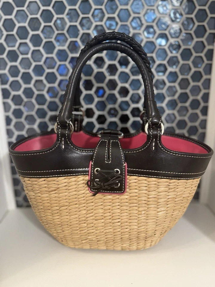 Bolso de Mano Coach L3K-6270 Paja Mariposa Adornado Paja con Borde de Cuero Negro Foto 4 de 4