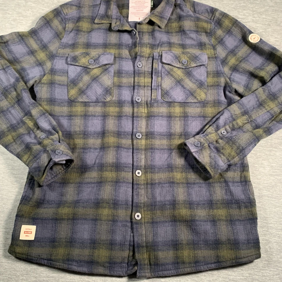 Globe Wanderer Shacket Shirt Mens XL Blue Green Plaid Organic Cotton Button Up - Image 3 of 4