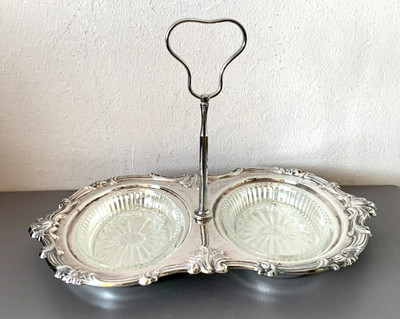 Vintage Silber Teller & Glas Gewürzschale/Servier Set, Falstaff England
