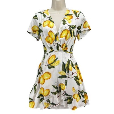 Lulus A La Tart Mini Wrap Dress White Yellow Lemons Floral Short Sleeve Size XS