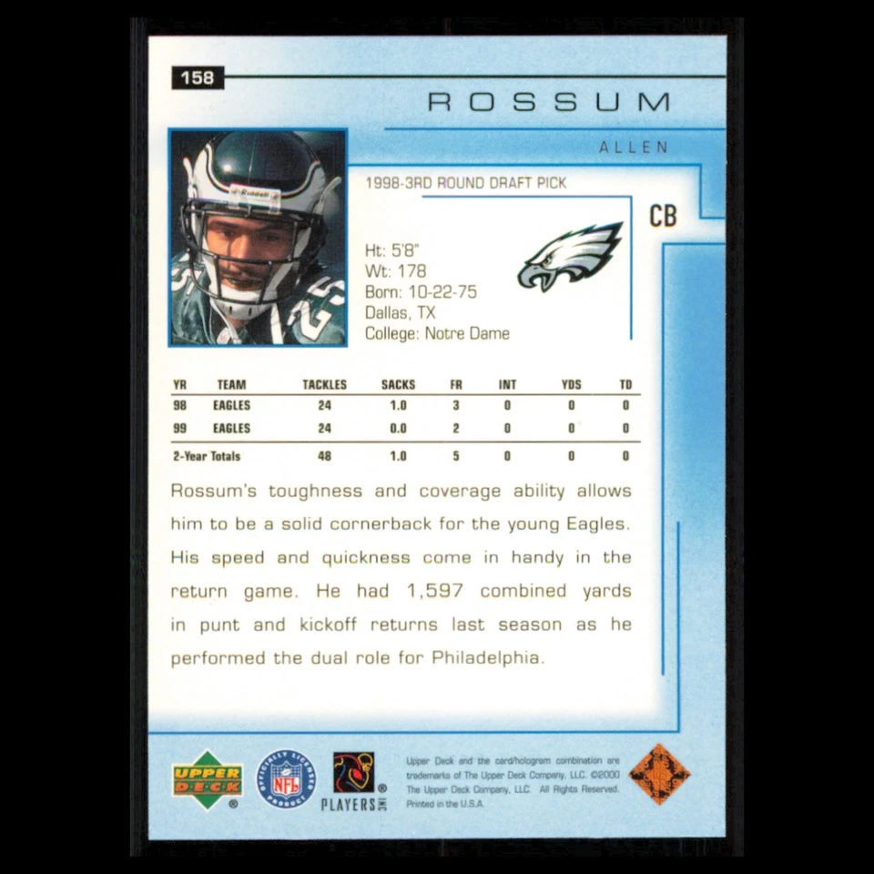 Allen Rossum #158 2000 Upper Deck Philadelphia Eagles Football Card NFL NM - Image 2 of 3