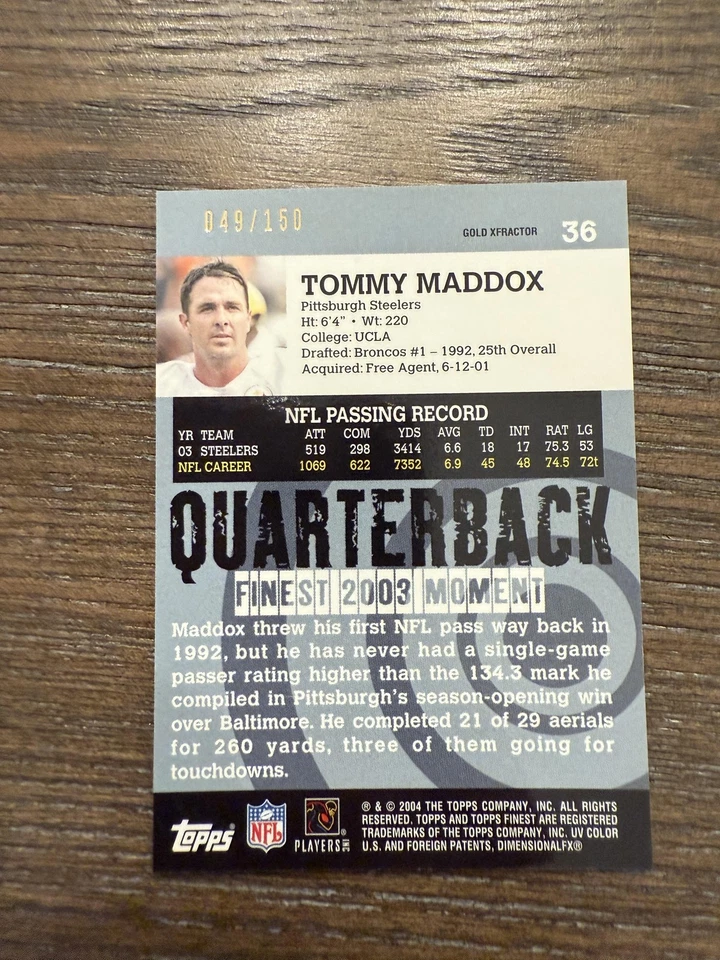 2004 Finest #36 Tommy Maddox Uncirculated Gold Xfractors #/150 - Image 2 of 2