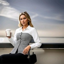 Elegante  Damen Büro-Bluse Langarm Weiss Farbblock für Fruhling Herbs DE