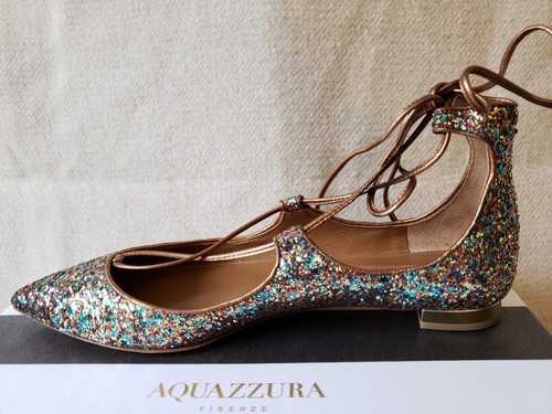 Nuove piatte glitter metalliche stringate punta Aquazzura Christy 38,5 39 8,5 9 - Foto 12 di 27