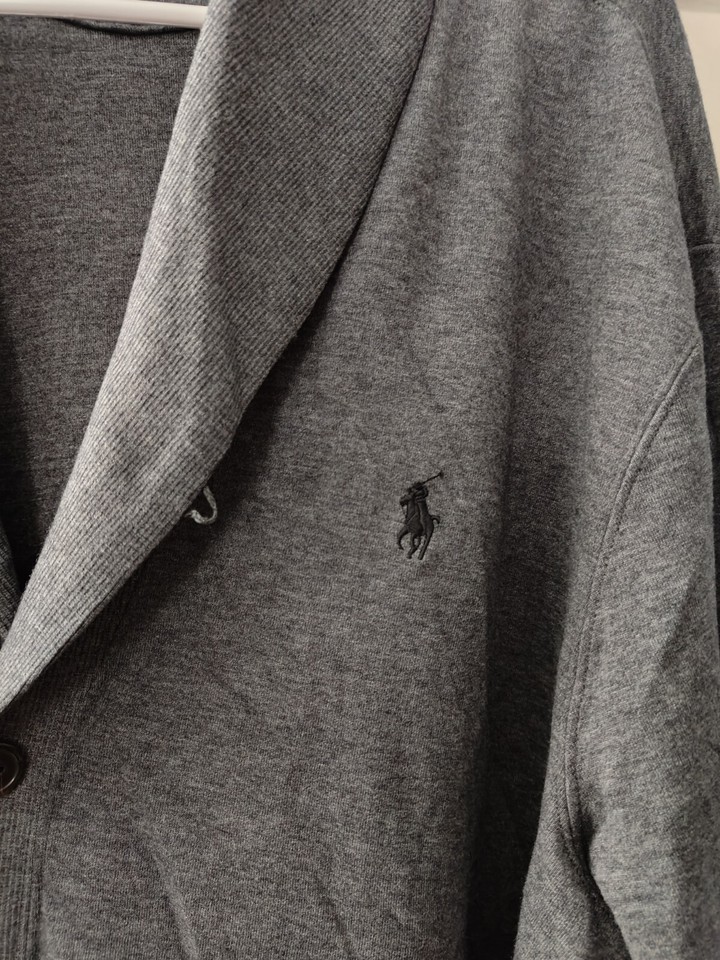 Mens Polo Luxury Jersey Cotton Shawl Collar Cardigan Sweater Grey Size