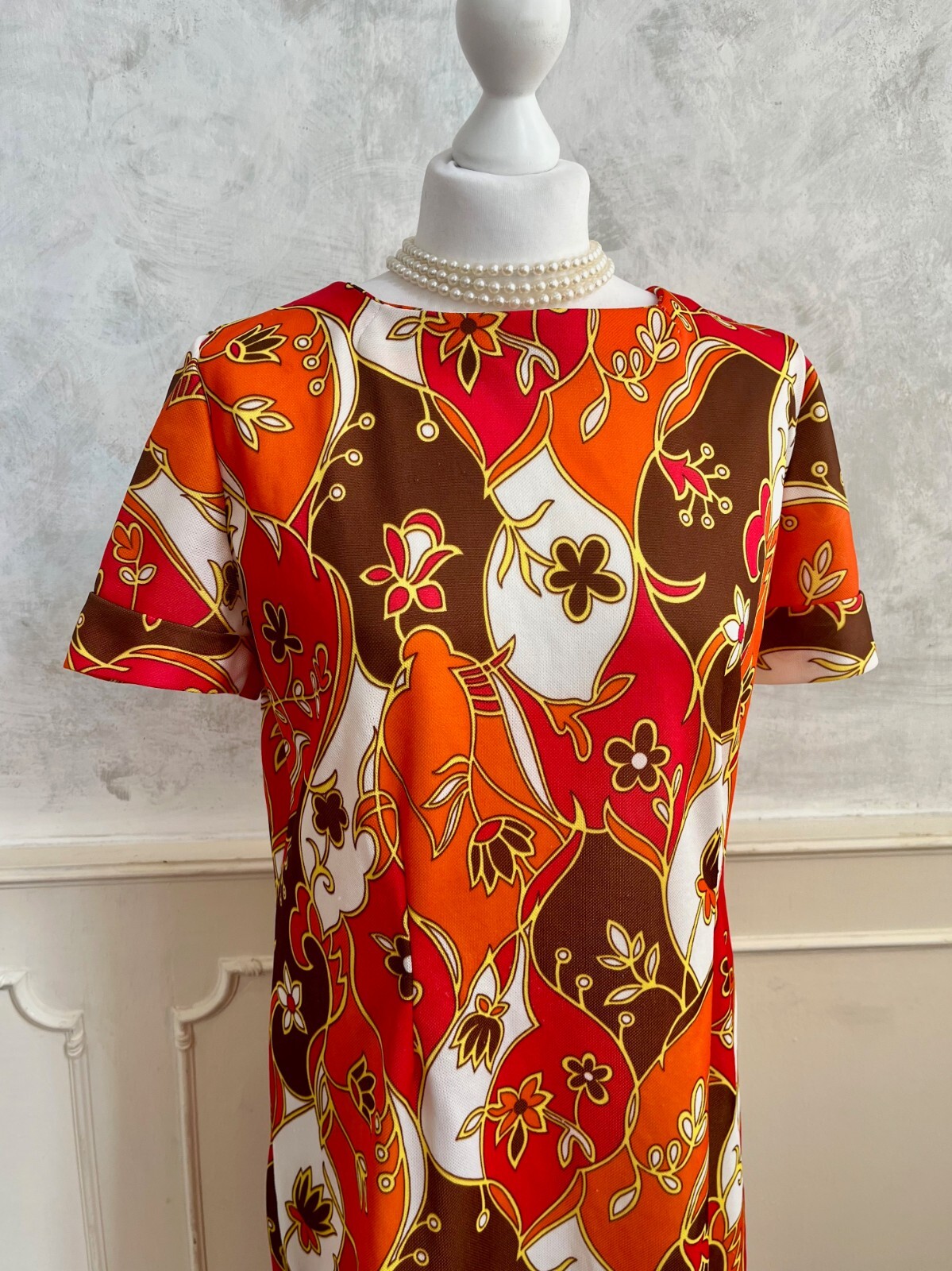 Vintage 1970's Orange Red Patchwork Polyester Ret… - image 3