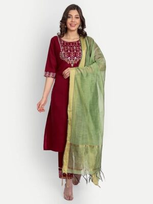 Women Maroon Plus Size Embroidered Indian Silk  Kurta And Trousers With Dupatta