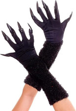 Music Legs Black Furry Gloves With Nails, Black, One Size