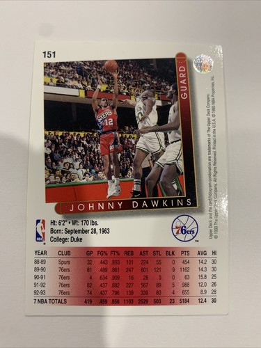 JOHNNY DAWKINS - 1993-94 Upper Deck - #151 - 76'ers BF - Picture 2 of 3