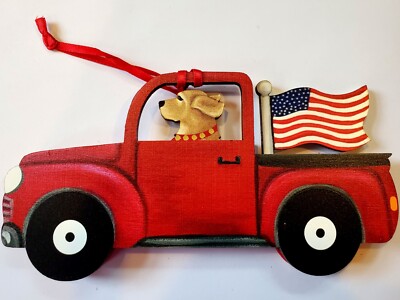 Golden Retriever Dog Dandy Wooden Painted Flag Truck 3-D Christmas Ornament