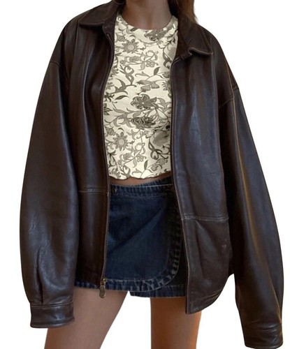 Women's Real Leather Vintage Brown Bomber Jacket Handmade Oversized - 第 5/9 張圖片