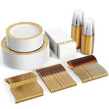350pcs Gold Dinnerware Set For 50 Guests Gold Lace Plastic Plates Disposable Hea