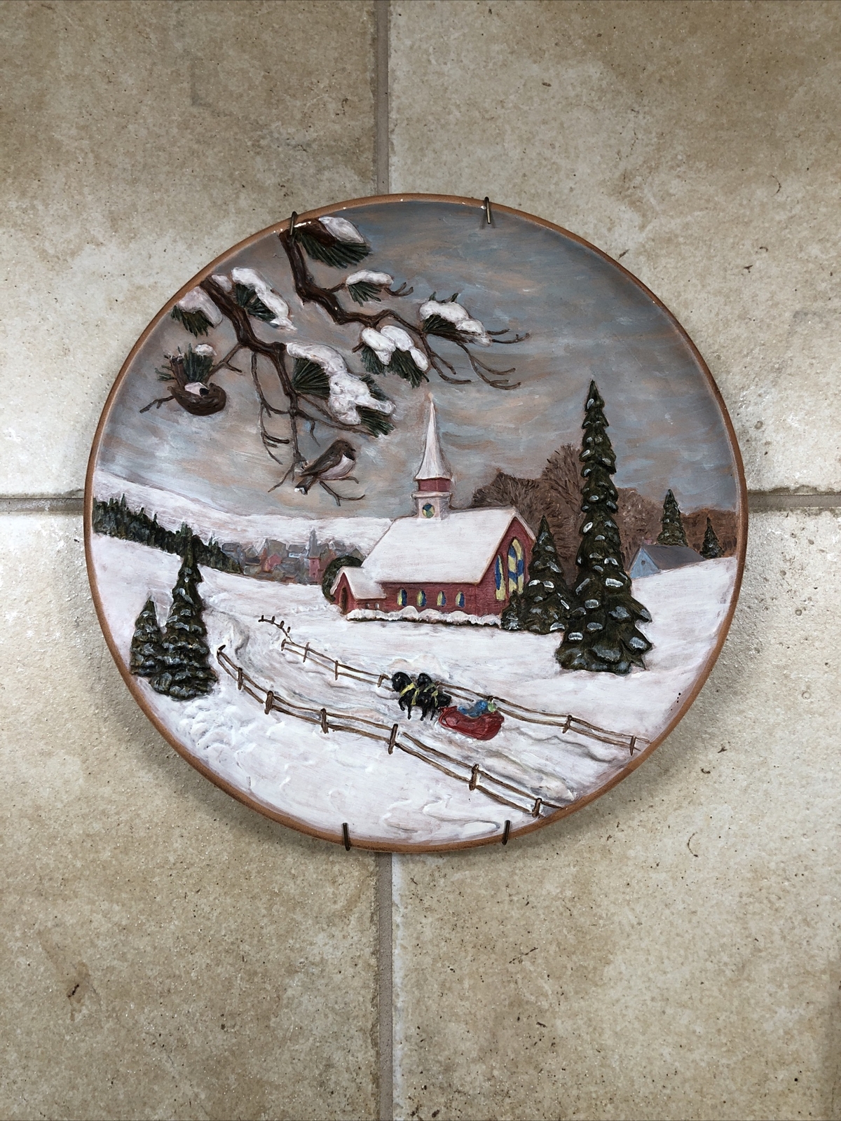 Vintage 1980 Byron Molds 3D Christmas Wall Plate Hand Painted Winter Decor