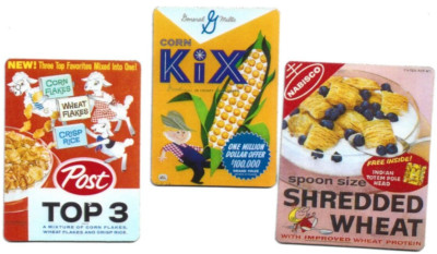 THREE Cereal Magnets : Post Top 3 + General Mills Kix + Nabisco Shredded Wheat