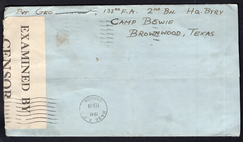 USA WW2 Military 1941 CAMP BOWIE Censored Cover to Internment Camp A Farnham Que - Image 2 of 2