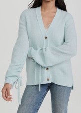 475 3.1 Phillip Lim Women's Blue Shirred-Sleeve V-Neck Cardigan Sweater Size L