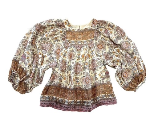 ANTHROPOLOGIE Flora Neutral Balloon Sleeve Silk Blouse Top Size S Cats And Birds - Picture 13 of 16