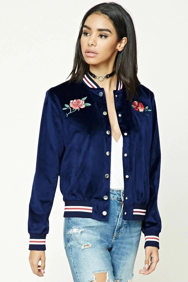 Women's Velvet Varsity Jacket Heartbreaker Embroidered Rose Flowers Blue Small