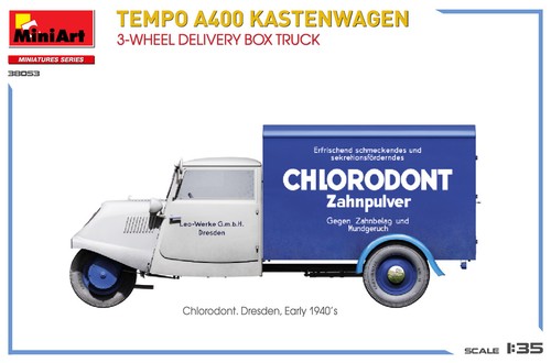 Tempo A400 Kastenwagen 3-Wheel Delivery Box Truck 1:35 Plastic Model Kit MINIART - Foto 3 di 5