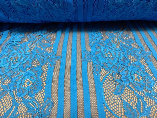 Mesh Lace Net Fabric, Per Metre - Embroidered Floral Stripe - Turquoise Blue - Picture 2 of 4