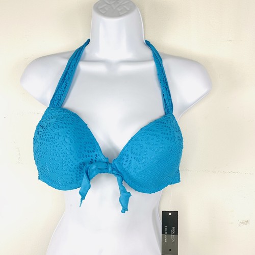 Bisou Bisou Womens Bikini Top sz M Turquoise Blue Swim Halter Lace Overlay NEW - Picture 9 of 15