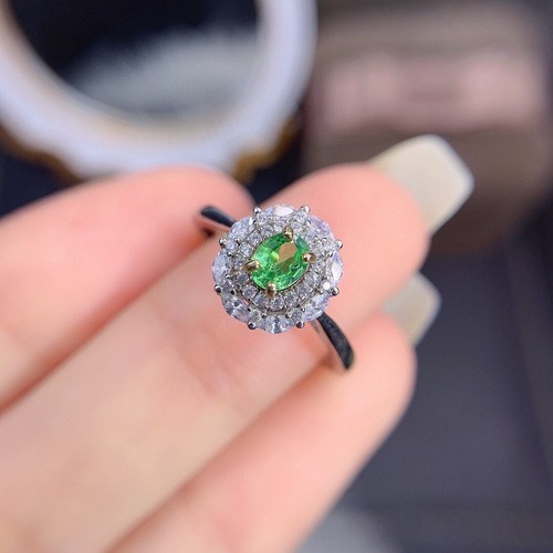 Natural Tsavorite Silver 925 Ring Double Halo Green Gemstone Ring