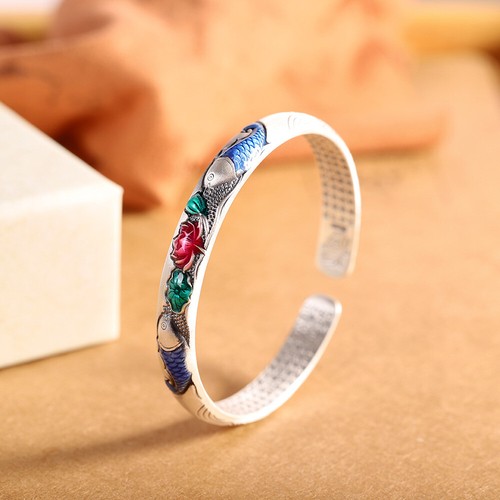 I03 Buddhist Bangle Two Multicoloured Fishes Lotus Herz Sutra Fine Silver Ebay