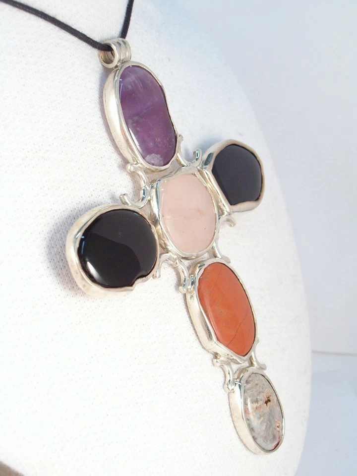 Ciondolo in ARGENTO 925 con PIETRE DURE naturali - Quarzo Ametista Ossidiana - Immagine 3 di 4