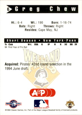 1994 Welland Pirates Classic #6 Greg Chew Cape May New Jersey NJ