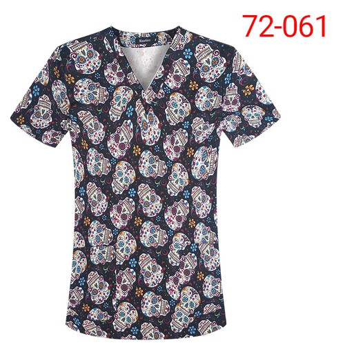 100% Cotton Unisex Scrub Tops Men Women Short Sleeve Digital Printing Medical - Picture 53 of 53