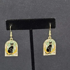 Pierced Earrings Gold tone Enamel Black Cat Crescent Moon Dangle 1"